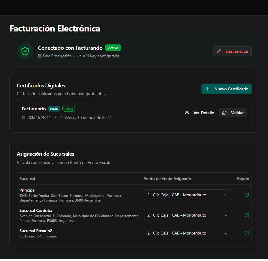 Vista de facturación de Clic Venta